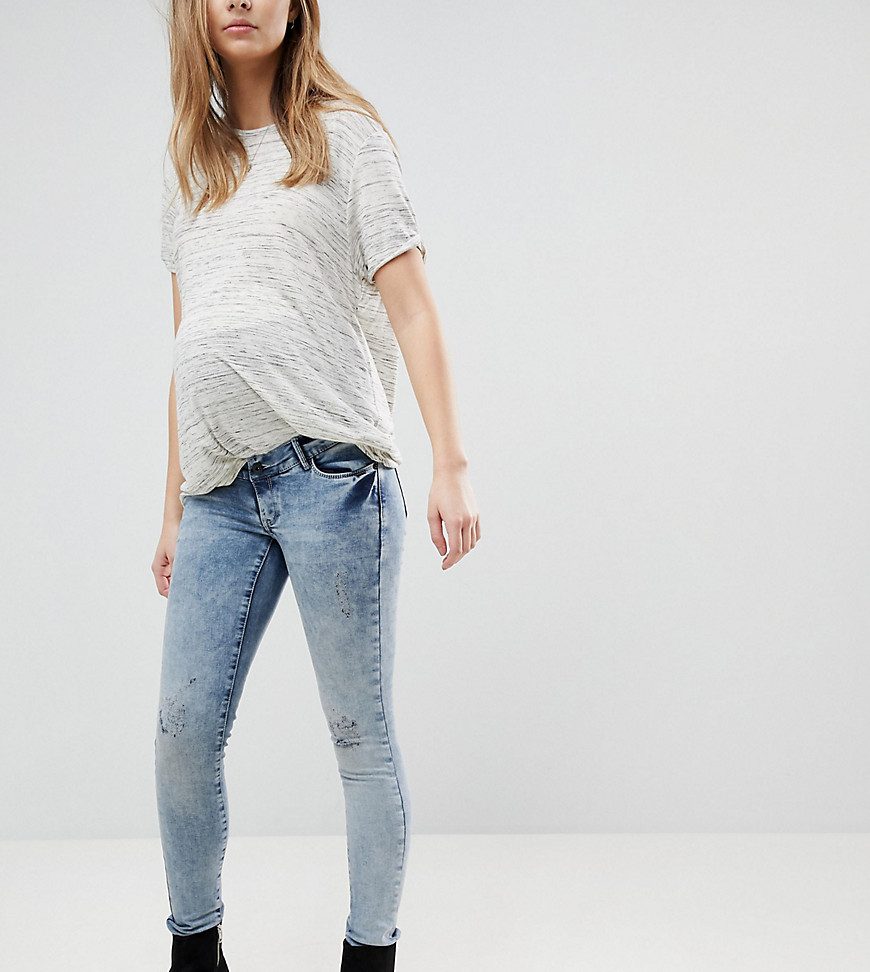 Supermom Maternity Distressed Skinny Over The Bump Jeans With Adjustable Waist - C303 grey blue denim
