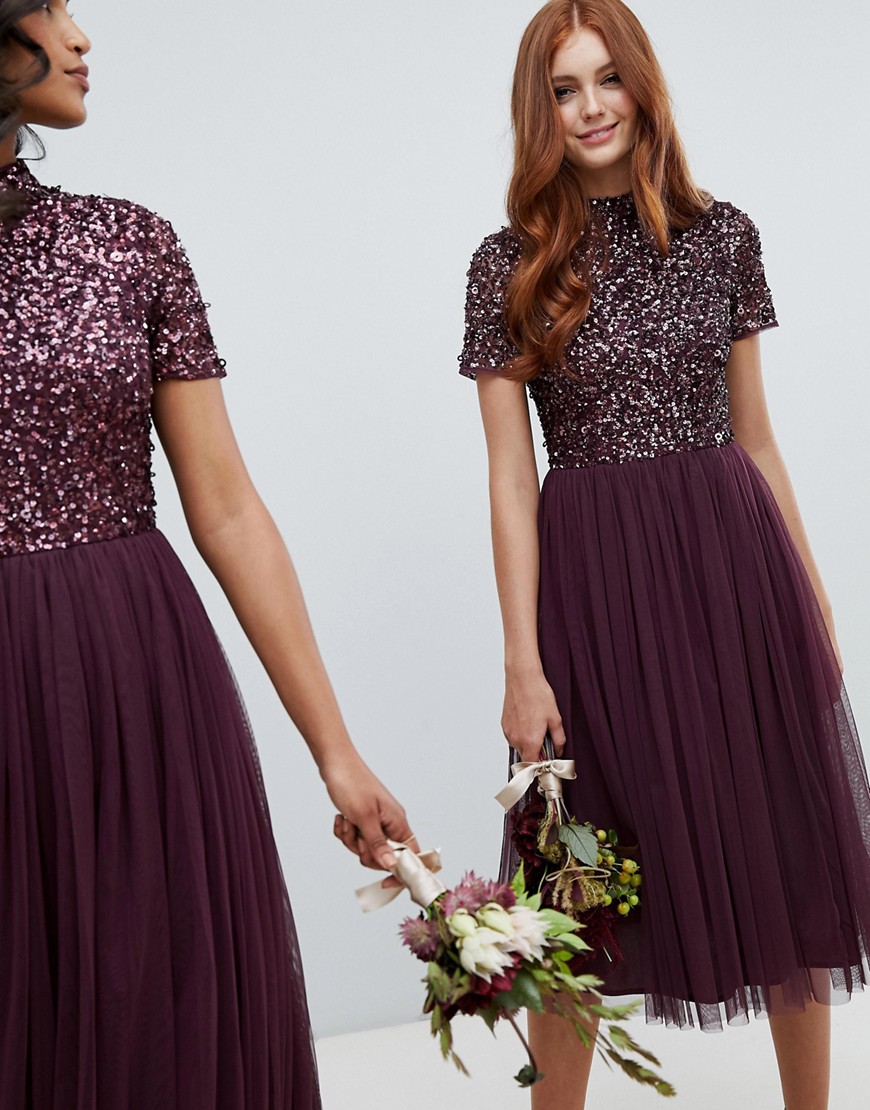 Maya high neck midi tulle dress with tonal delicate sequins in berry
