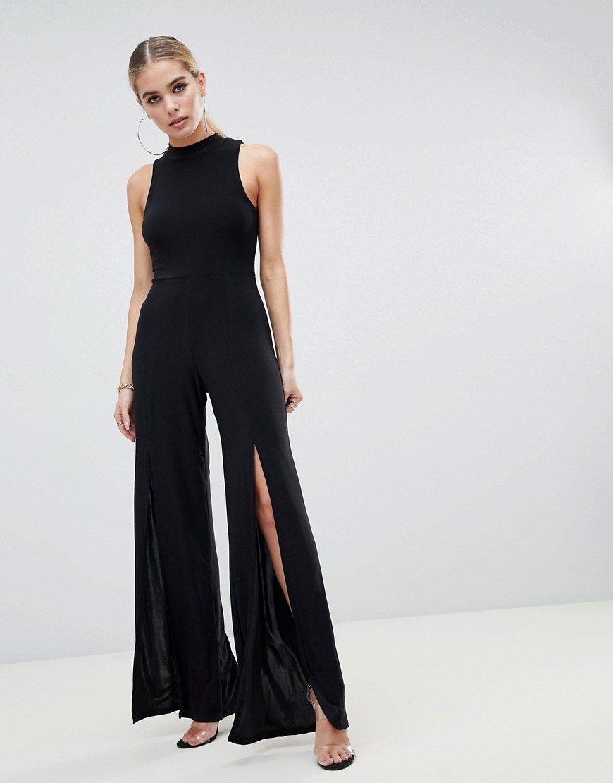 Fashionkilla high neck jumpsuit with front thigh split in black