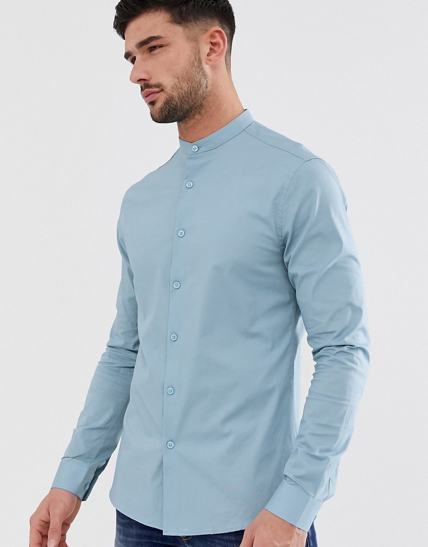 ASOS DESIGN stretch skinny fit grandad collar shirt in light blue