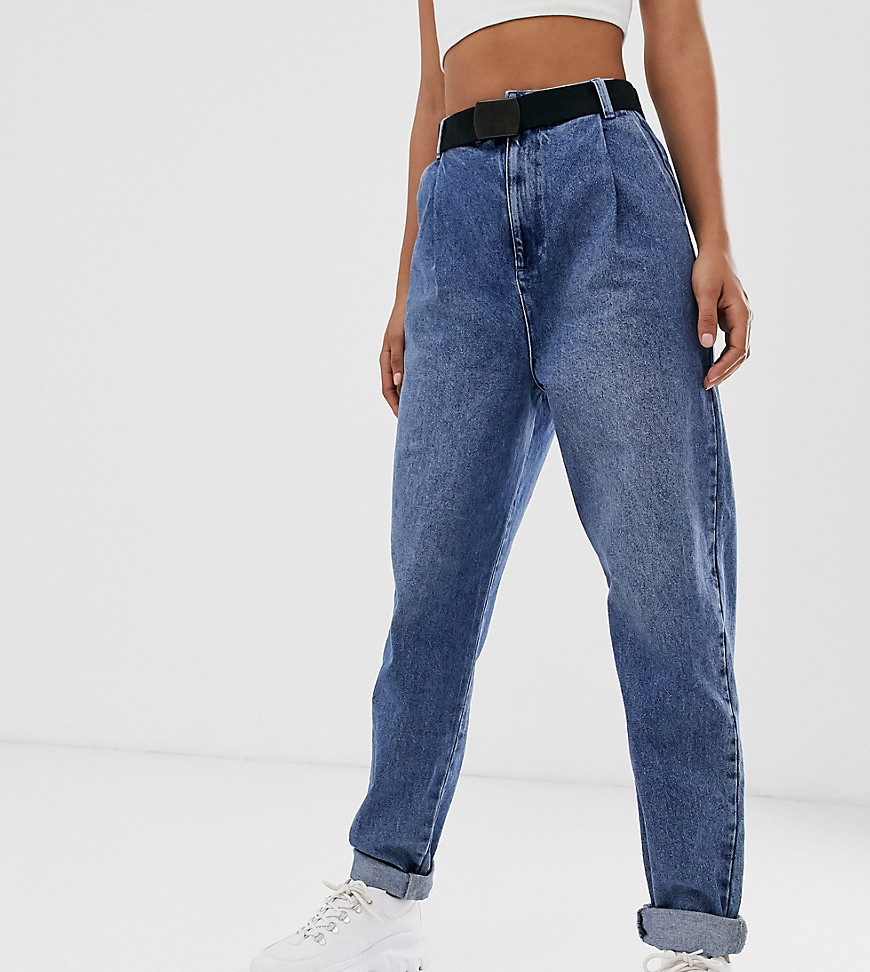 ASOS DESIGN Tall tapered leg boyfriend jeans with curve seam in mid vintage wash with webbing belt