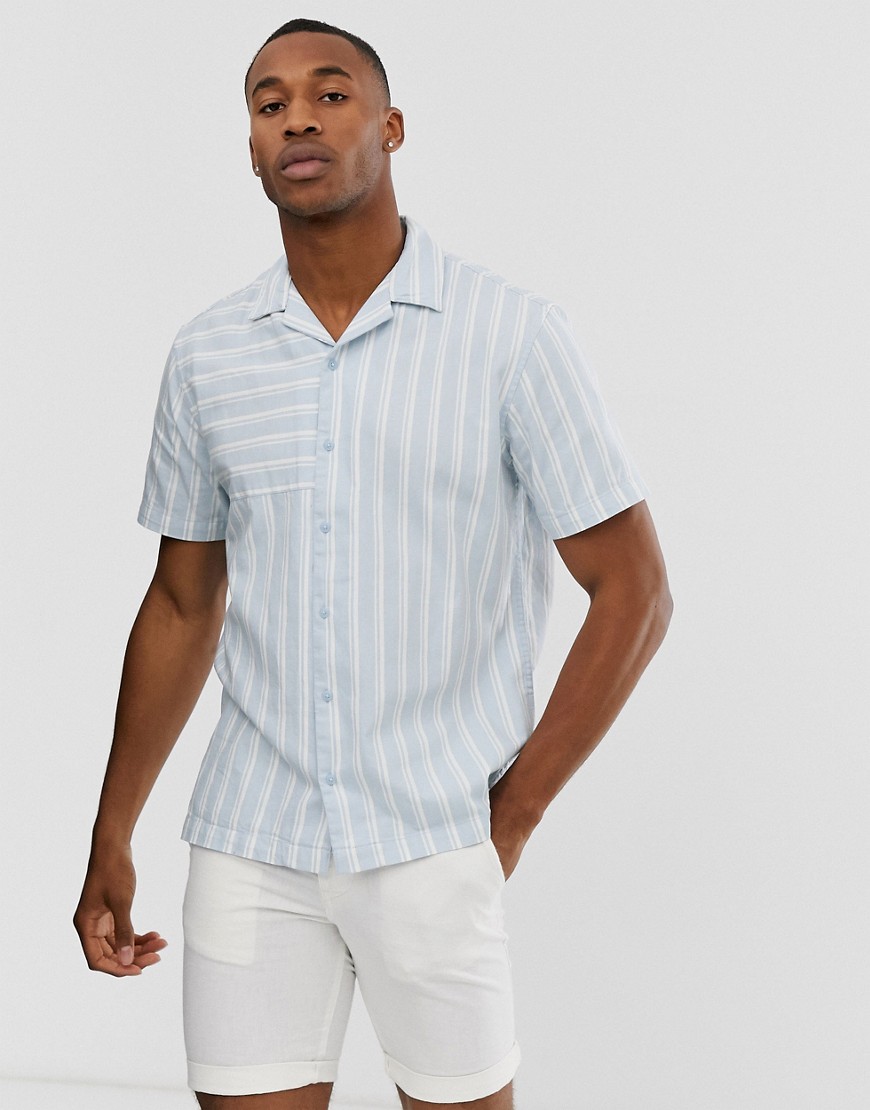 Jack & Jones Premium revere collar striped short sleeve shirt in light blue
