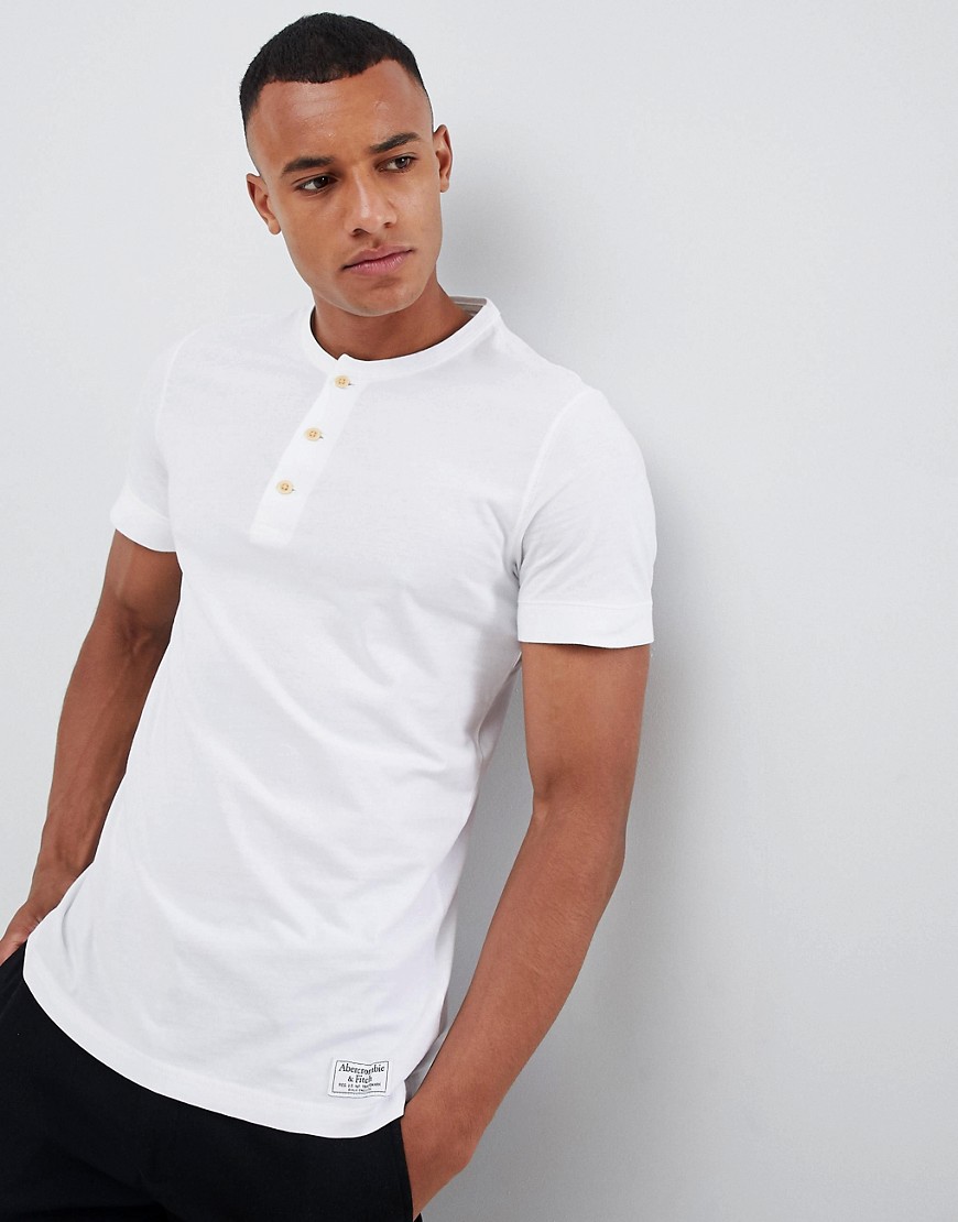 Abercrombie & Fitch Muscle Slim Fit Henley T-Shirt Rib Cuff Garment Dyed in White - White