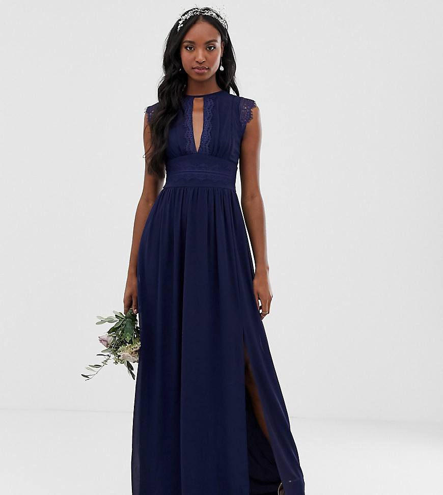 TFNC Tall lace detail maxi bridesmaid dress in navy