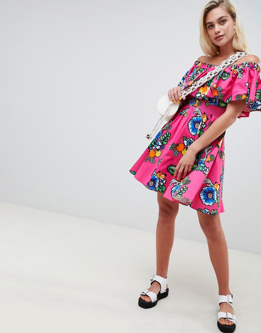 ASOS Made In Kenya Off Shoulder Tropical Floral Mini Dress
