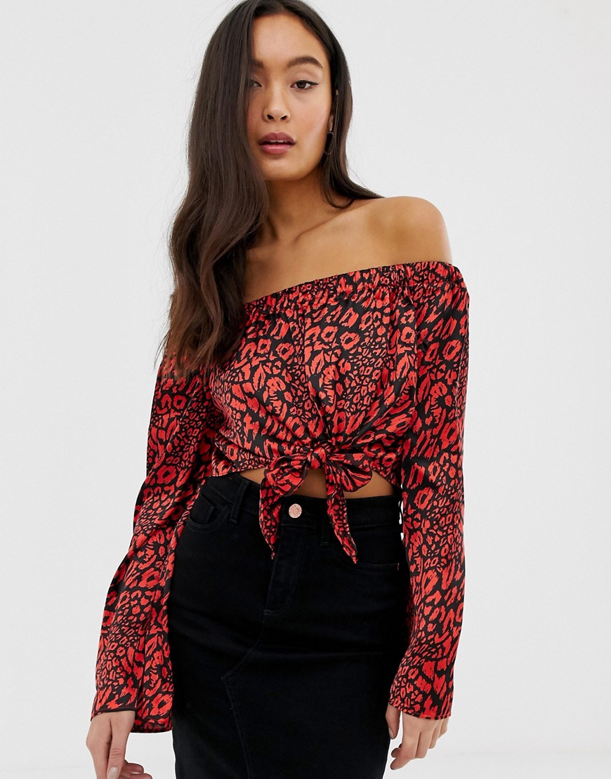 QED London off shoulder crop top with tie front in red leopard print