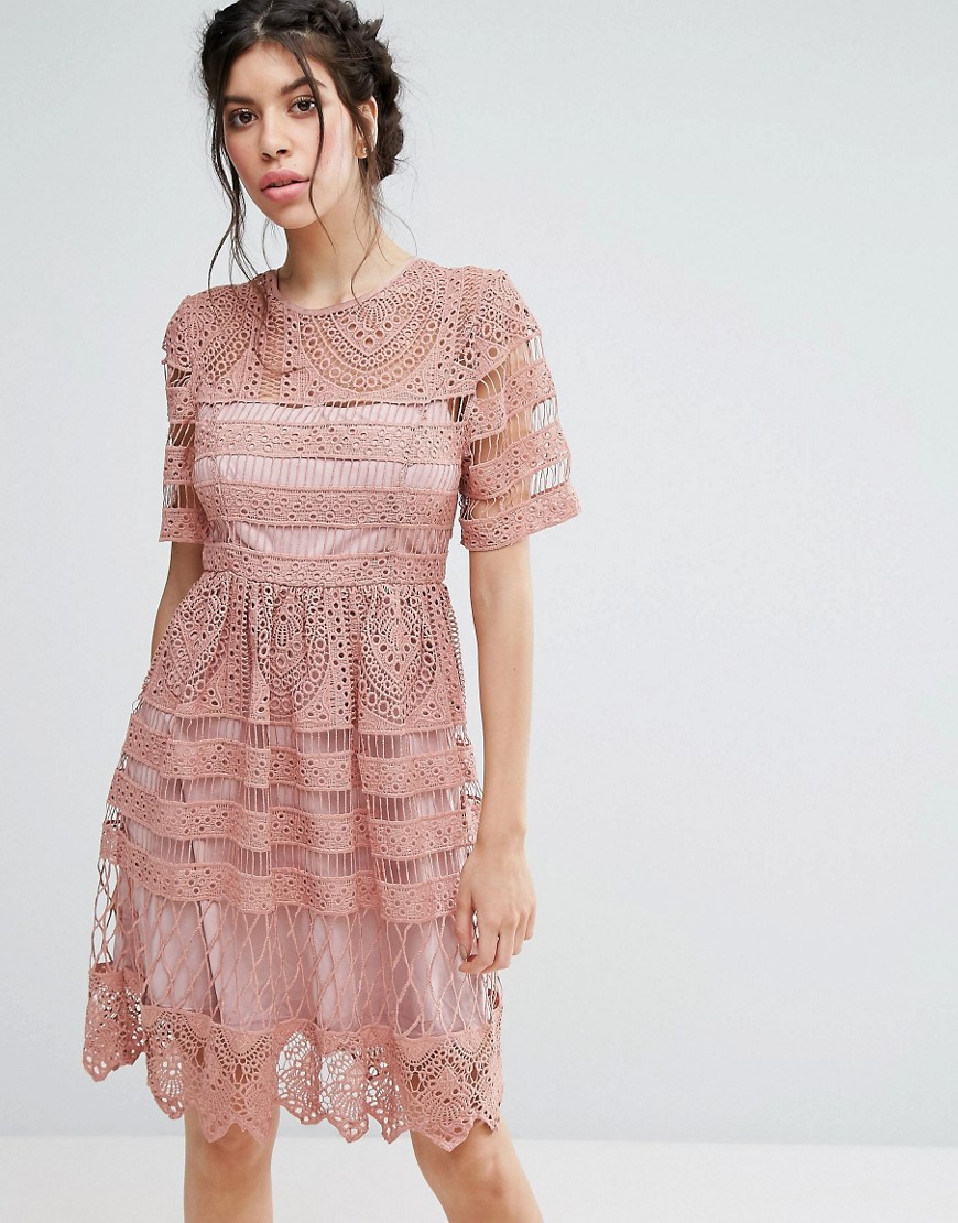 Love Triangle Lace Double Layer Skater Dress - Pink