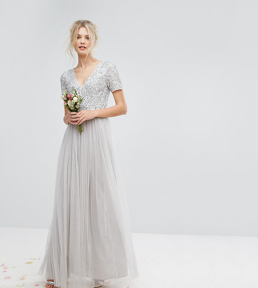 Maya Tall Plunge Neck Embellished Top Maxi Dress With Tulle Skirt
