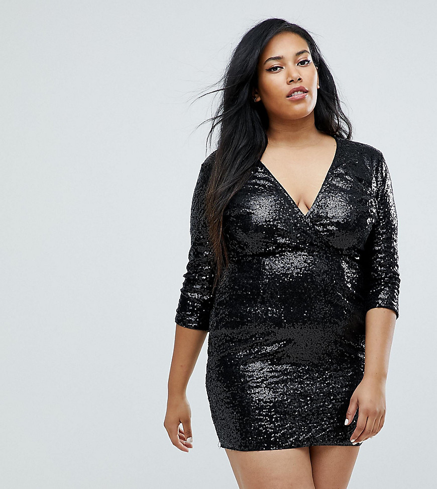 Club L Plus 3/4 Sleeve Wrap Front All Over Sequin Dress - Black