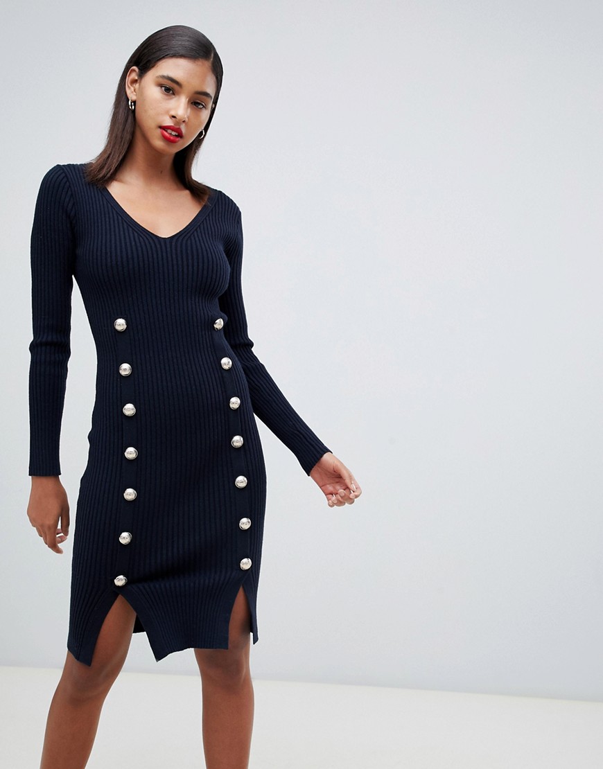 Morgan knitted bodycon dress with button detail in navy