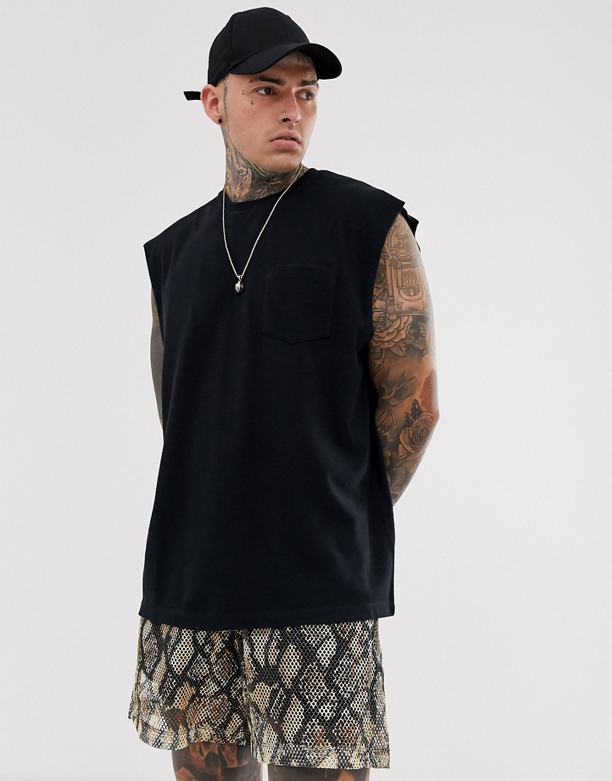 ASOS DESIGN pique oversized longline sleeveless t-shirt with dropped armhole in black