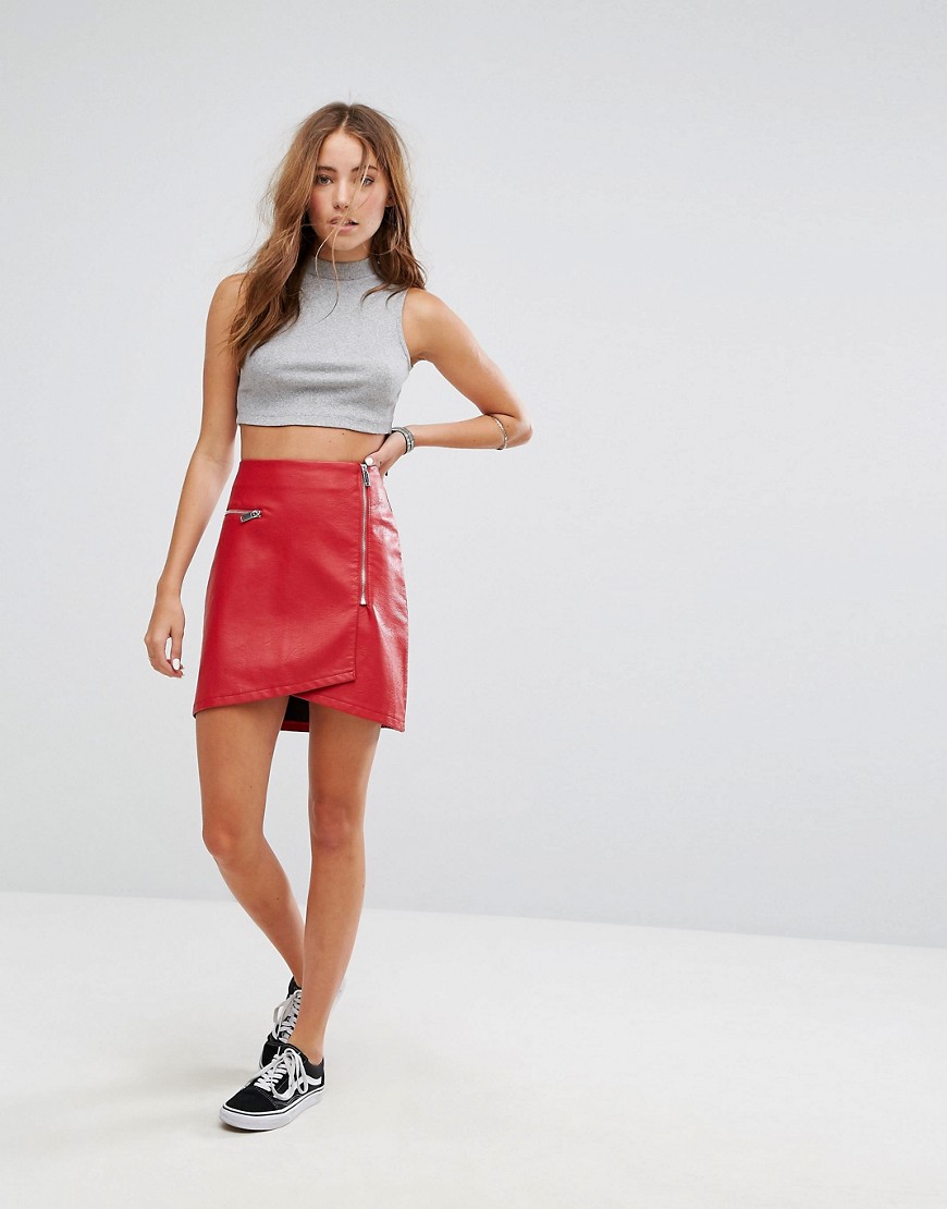 Pimkie Wrap Front Zip Detail Faux Leather Skirt - Red