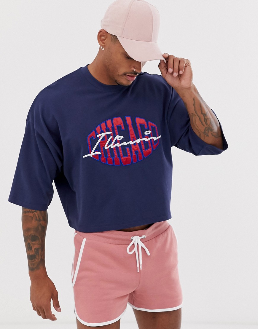 ASOS DESIGN oversized cropped t-shirt with city embroidery in pique