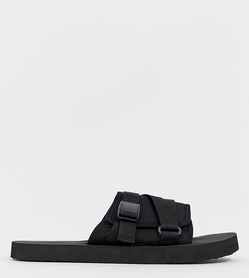 Asos Design Wide Fit Tech Sliders In Black With Tape Straps