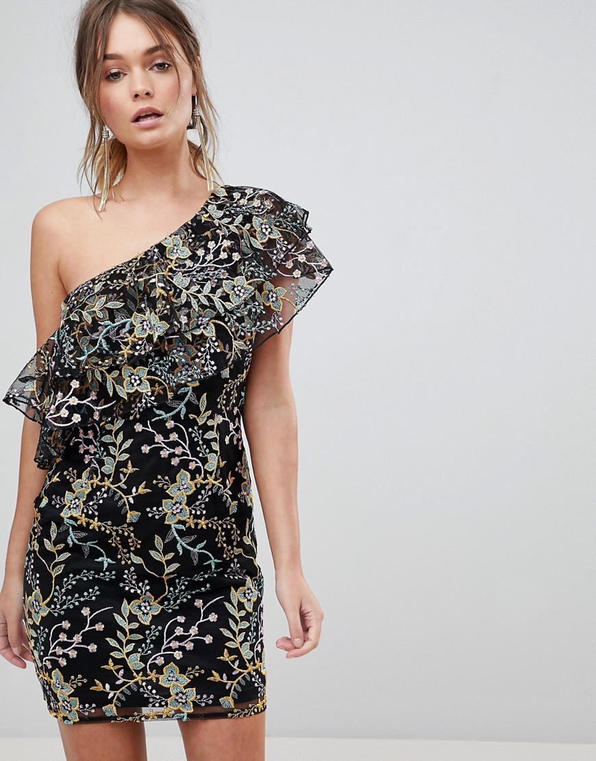 Dolly & Delicious Floral Embroidered One Shoulder Ruffle Mini Dress