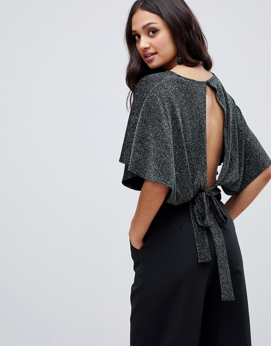Miss Selfridge backless top with angel sleeves in green glitter