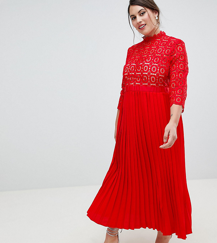 Little Mistress Plus 3/4 Sleeve Lace Top Pleated Midi Dress - Tomato red