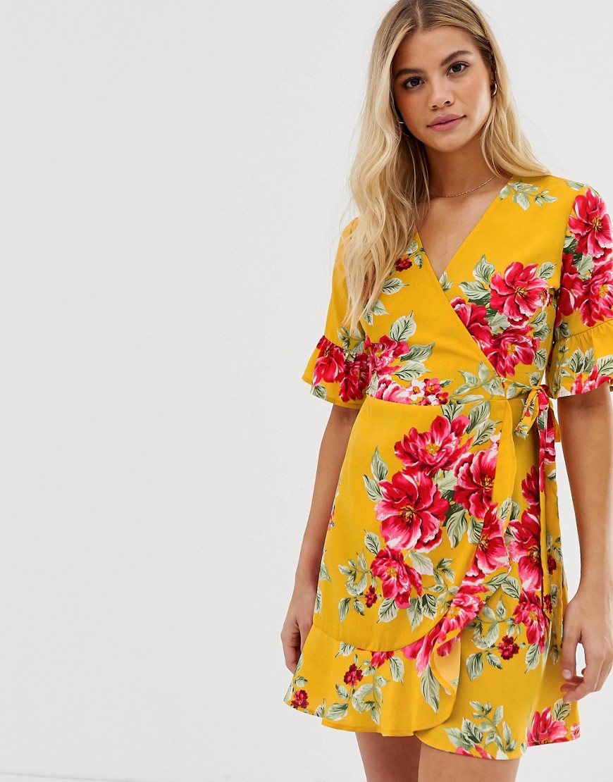 Influence wrap dress with frill detail in floral print