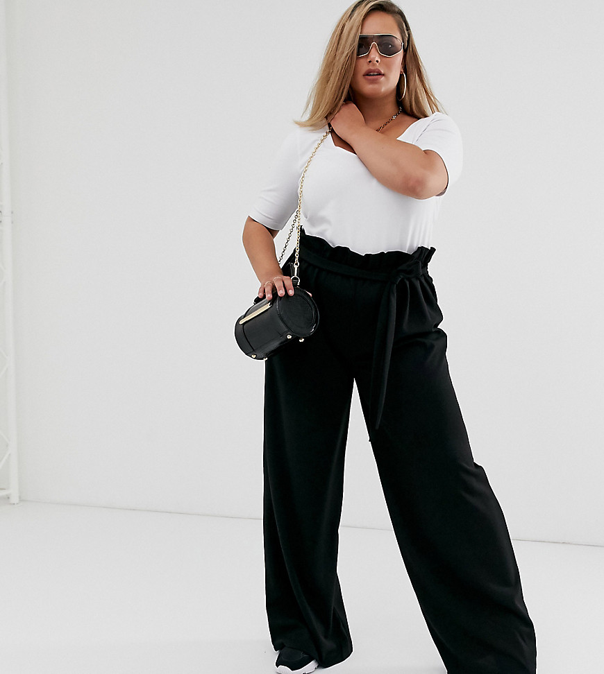 Missguided Plus paper bag waist wide leg trousers in black