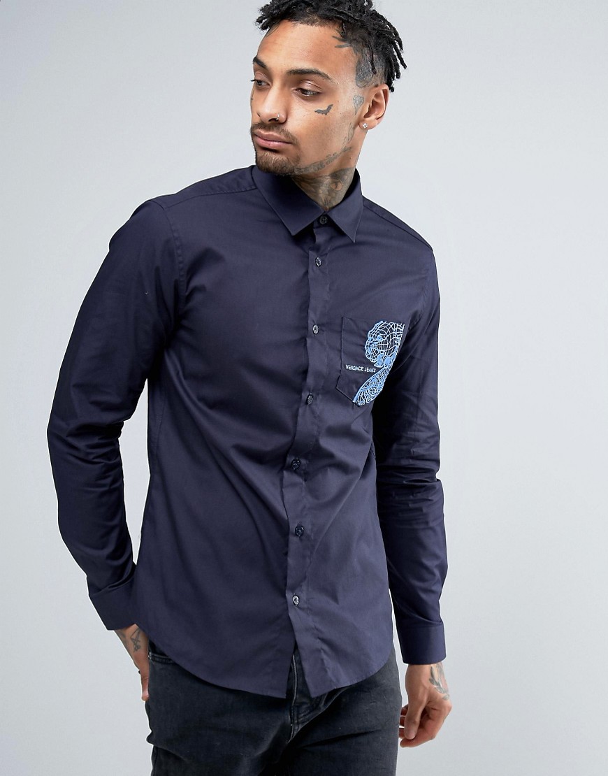 Versace Jeans Slim Fit Shirt in Navy With Embroidered Pocket - Navy