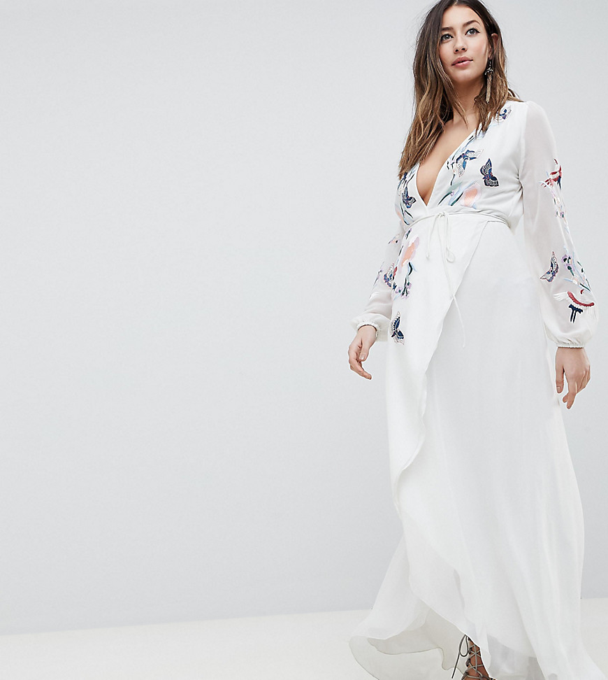 Hope & Ivy Maternity Wrap Front High Low Maxi Dress With Floral Embroidery - White