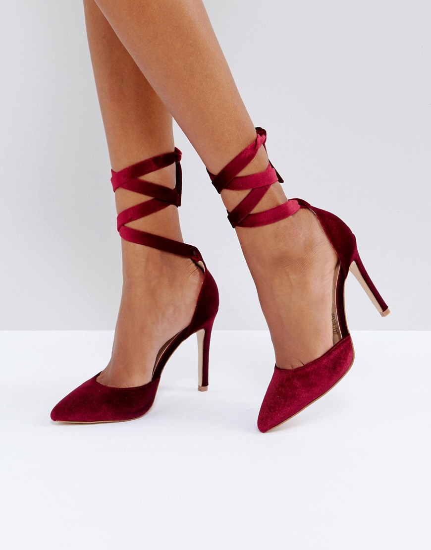 Truffle Collection Tie Ankle 2 Part Point High Heels - Burgundy velvet