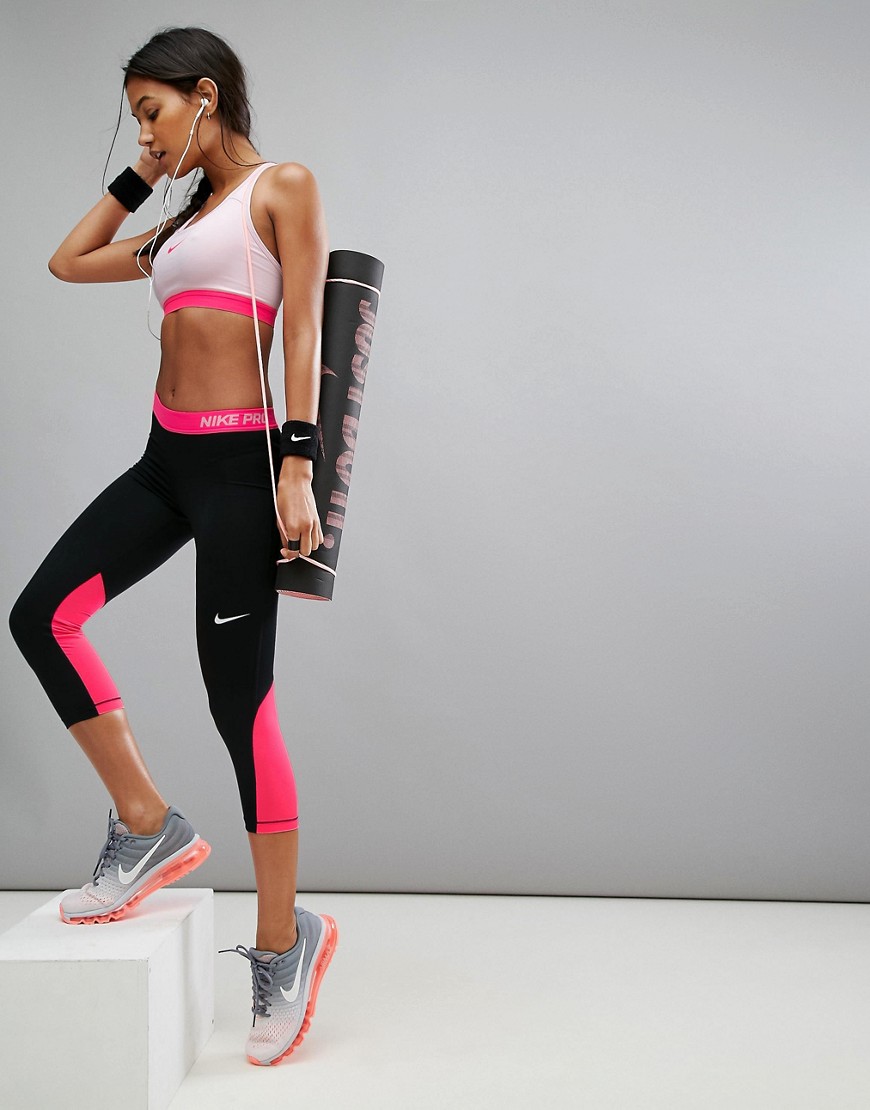 Nike Pro Training Capri Legging In Black With Pink Waistband - Black