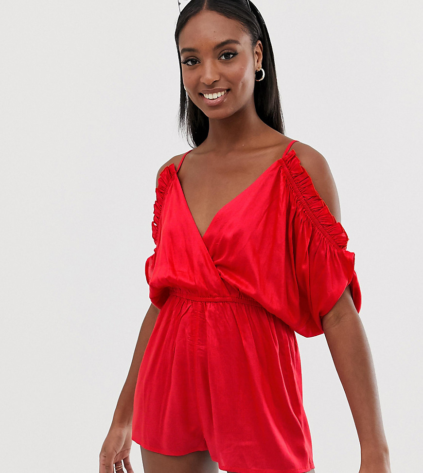 ASOS DESIGN Tall beach playsuit with cold shoulder & flutter sleeve
