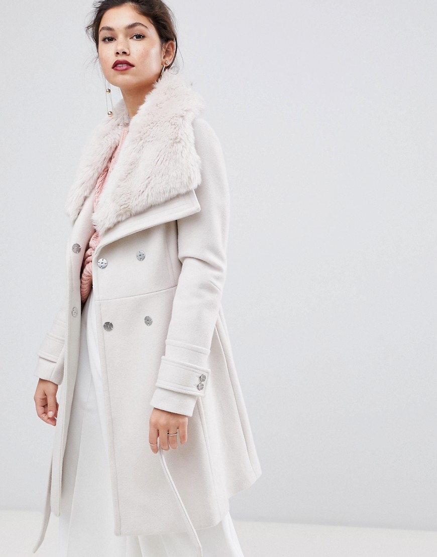 Forever New faux fur trim wool blend coat in cream