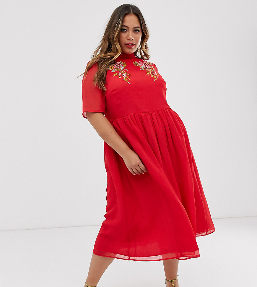 Asos Design Curve High Neck Embroidered Midi Dress With Fluted Sleeves - Red