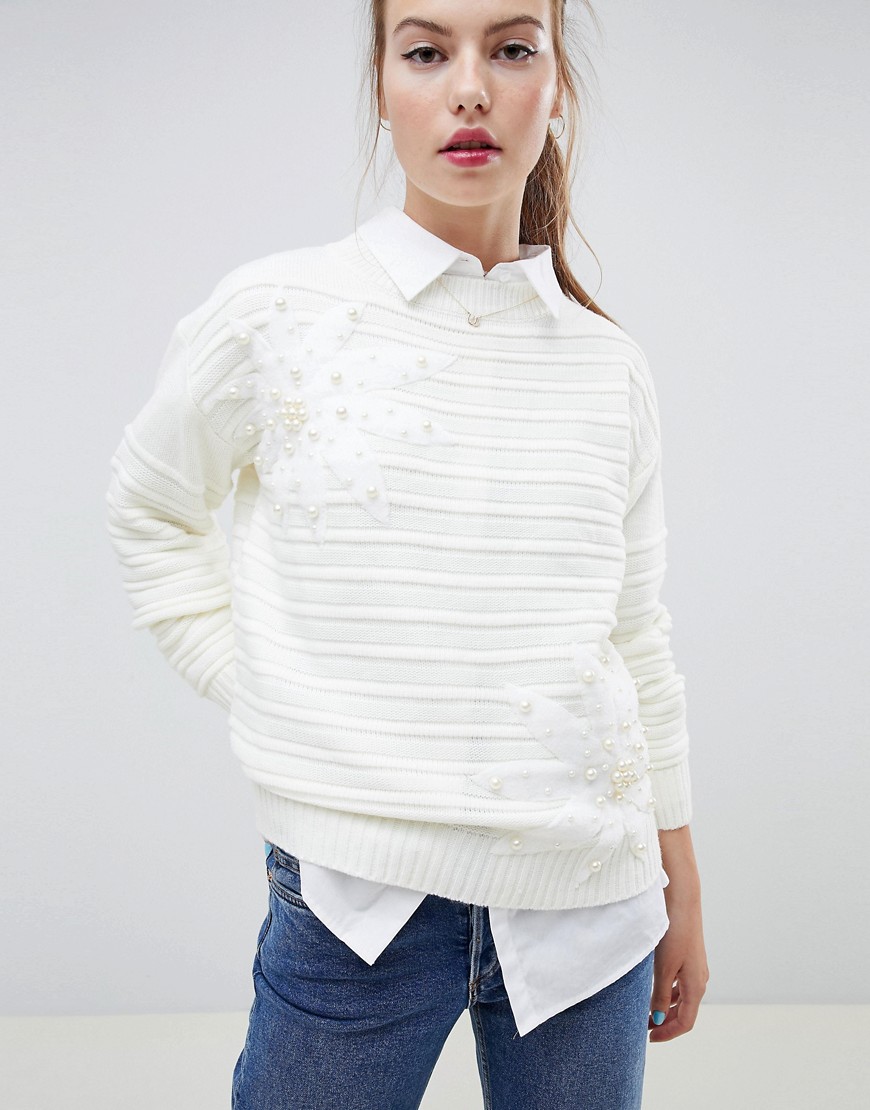 Wild Flower Ribbed Jumper With Pearl Embellishment - Cream
