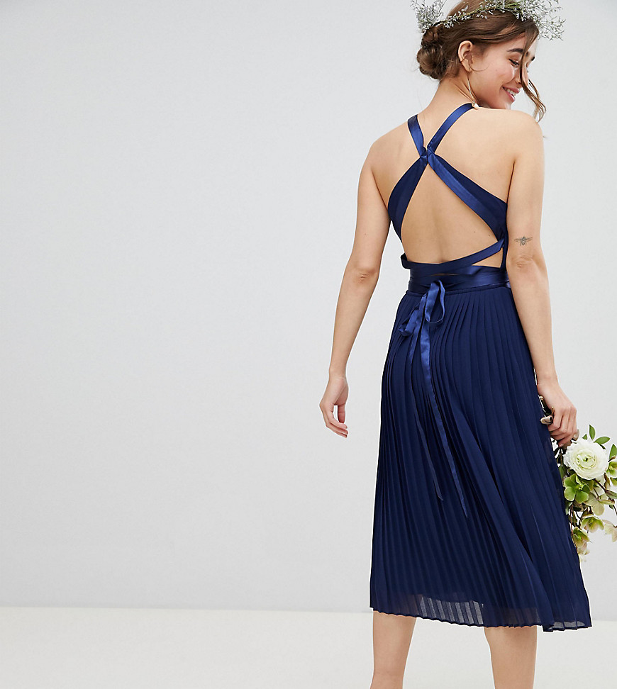 TFNC Petite Pleated Midi Bridesmaid Dress with Cross Back and Bow Detail