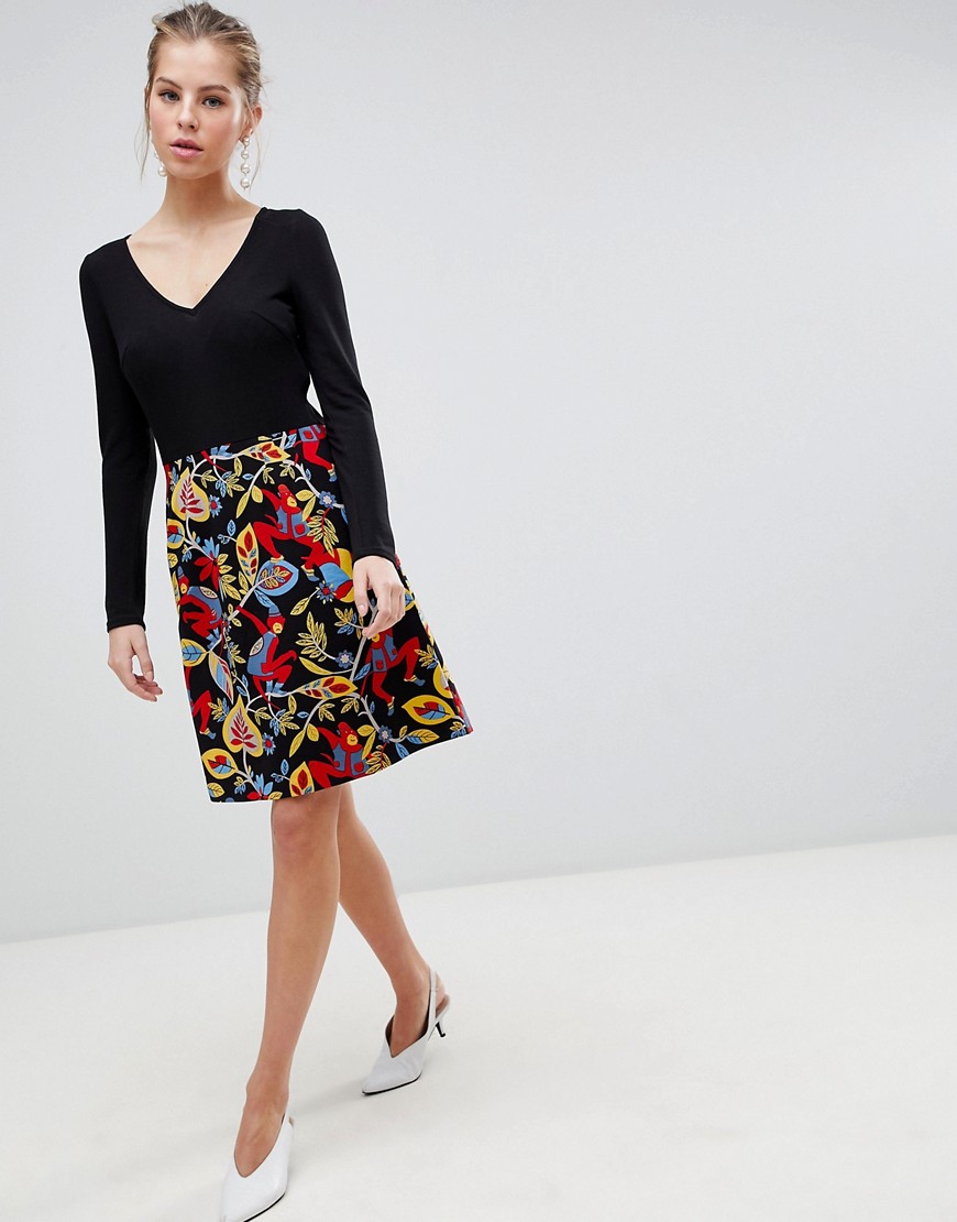 Traffic People Long Sleeve 2-in-1 Skater Dress With Floral Skirt - Black