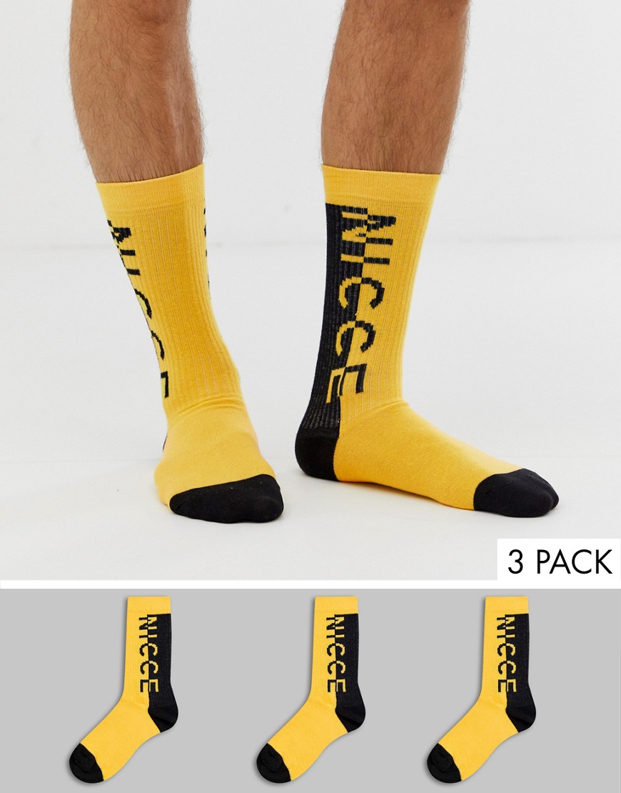 Nicce 3 pack sport socks in yellow with logo