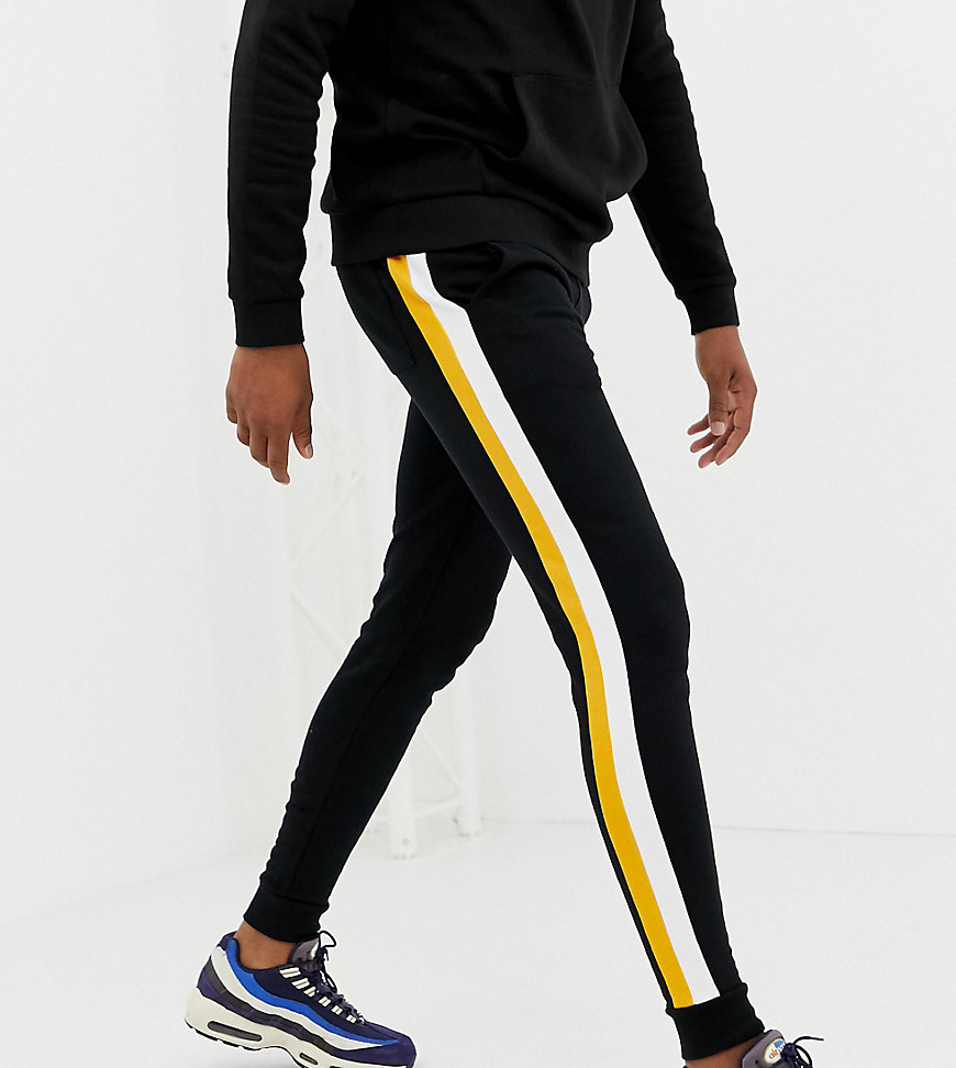 ASOS DESIGN tall super skinny joggers with side stripes in black