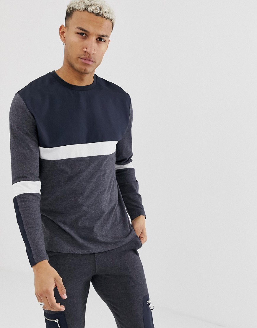 ASOS DESIGN co-ord relaxed long sleeve t-shirt with nylon cut and sew in grey