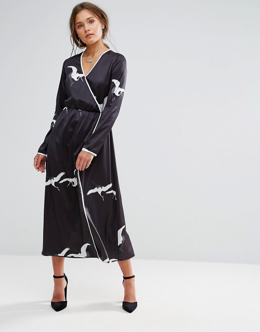 Liquorish Bird Print Wrap Maxi Dress - Black and white