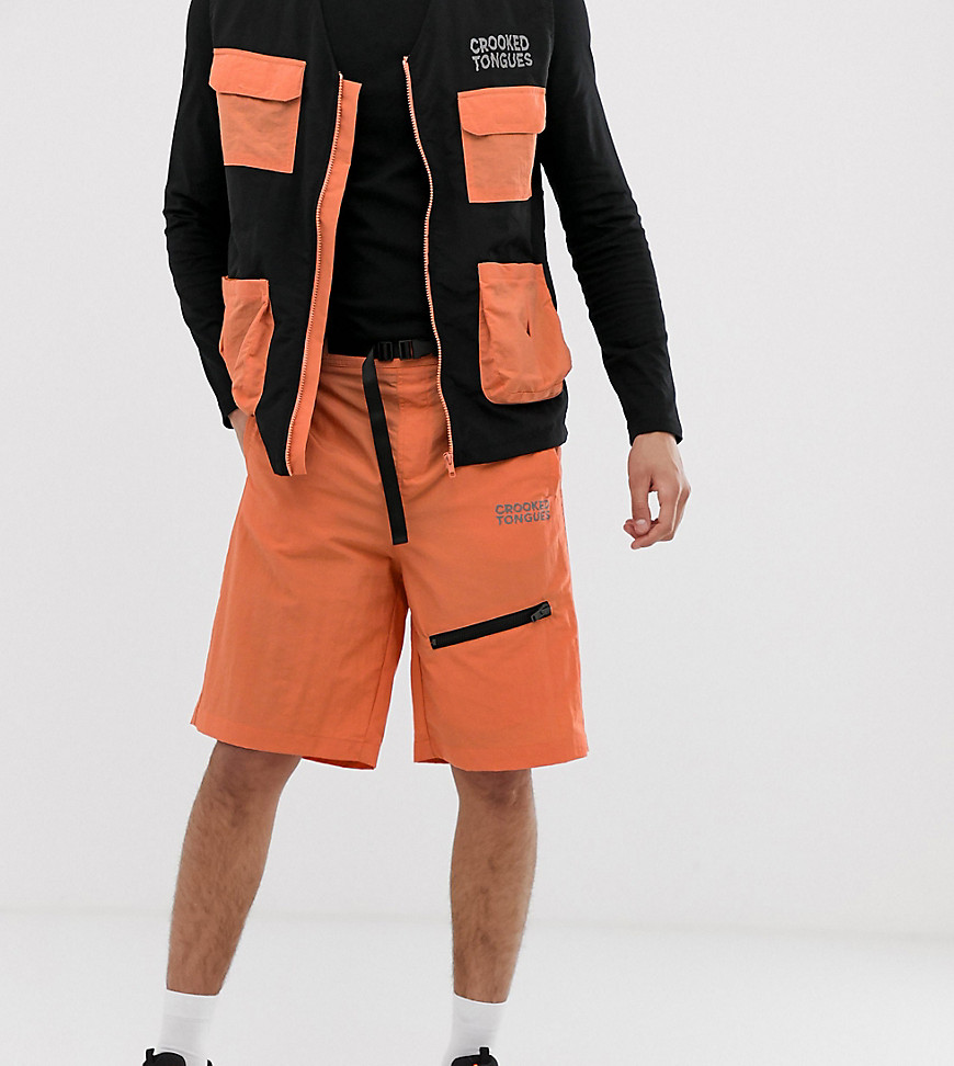 Crooked Tongues woven cargo shorts in orange with straps