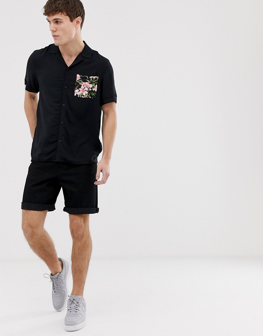 Burton Menswear revere shirt with contrast pocket in black