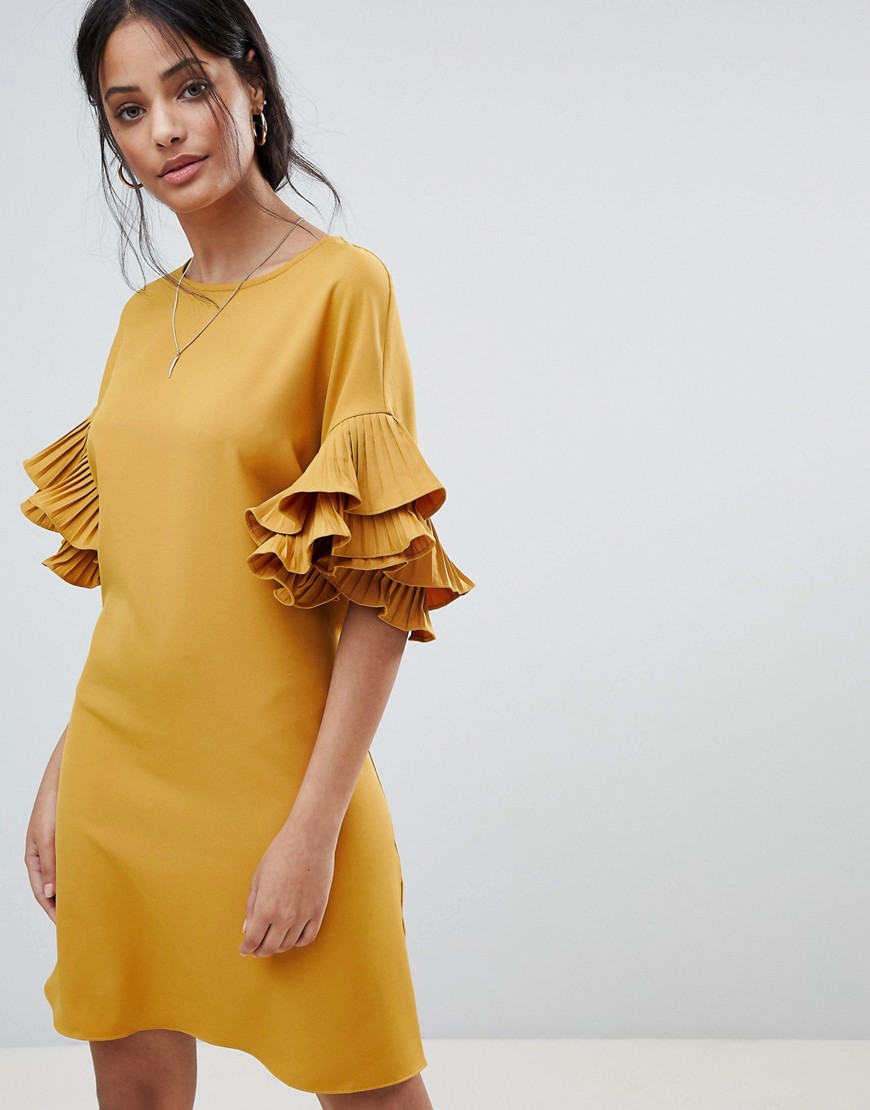 Parisian Shift Dress With Frill Sleeve - Mustard