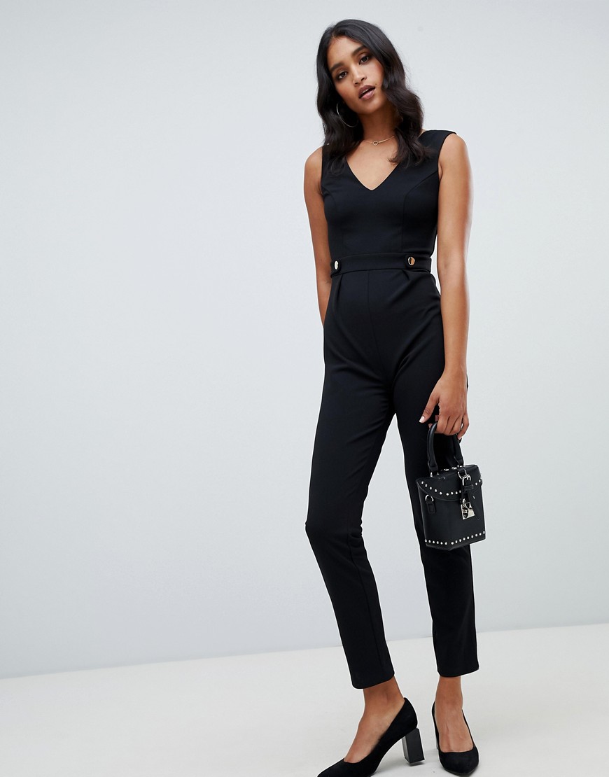 Lipsy V neck jumpsuit with button detail in black