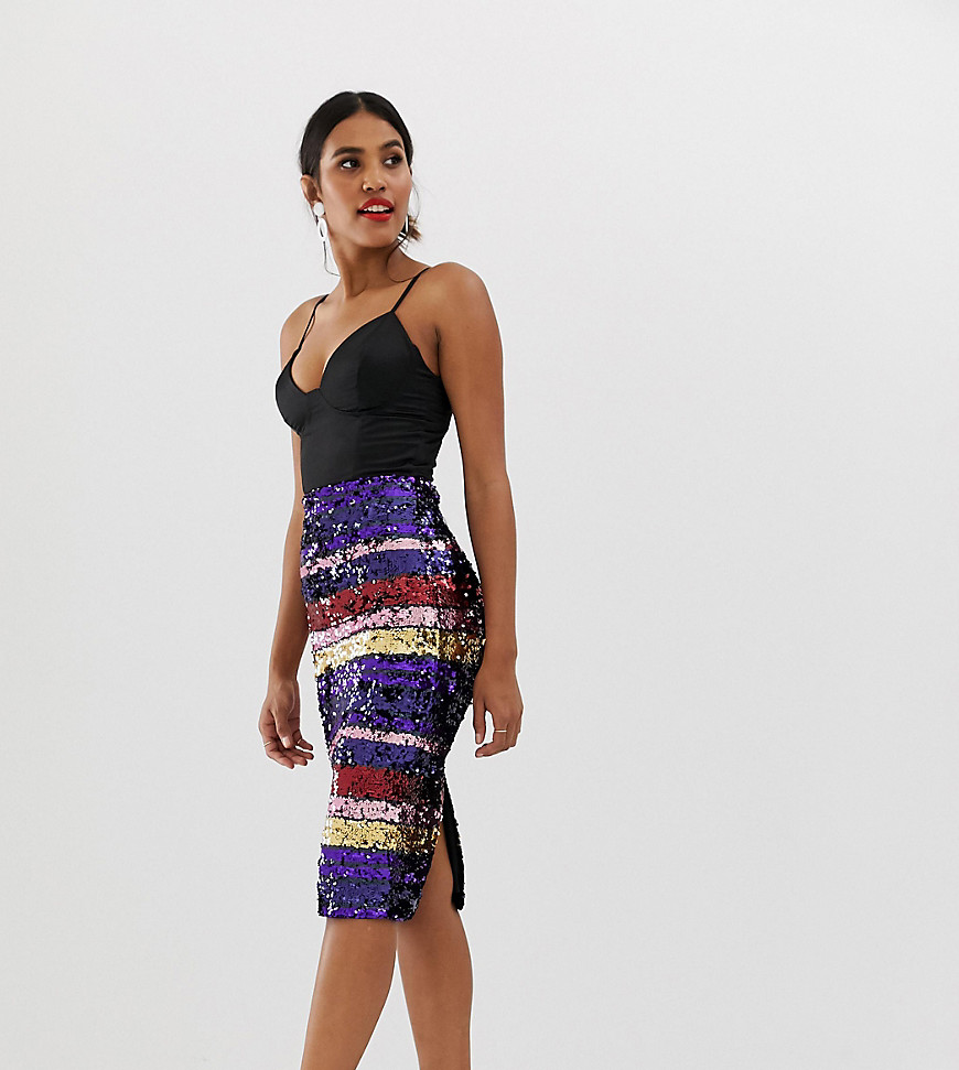 Oasis bodycon sequin midi skirt in purple stripe