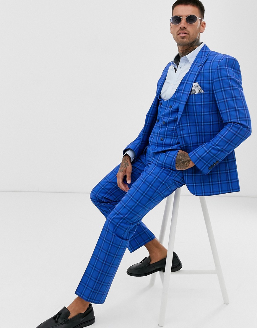Harry Brown wedding slim fit bold blue check suit jacket