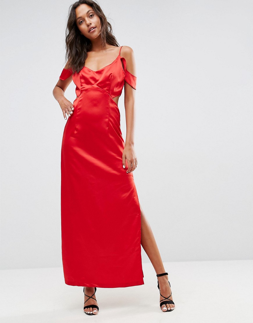 Wyldr Windslow Corvette Satin Dress With Off The Shoulder Frill And Waist Cut Out
