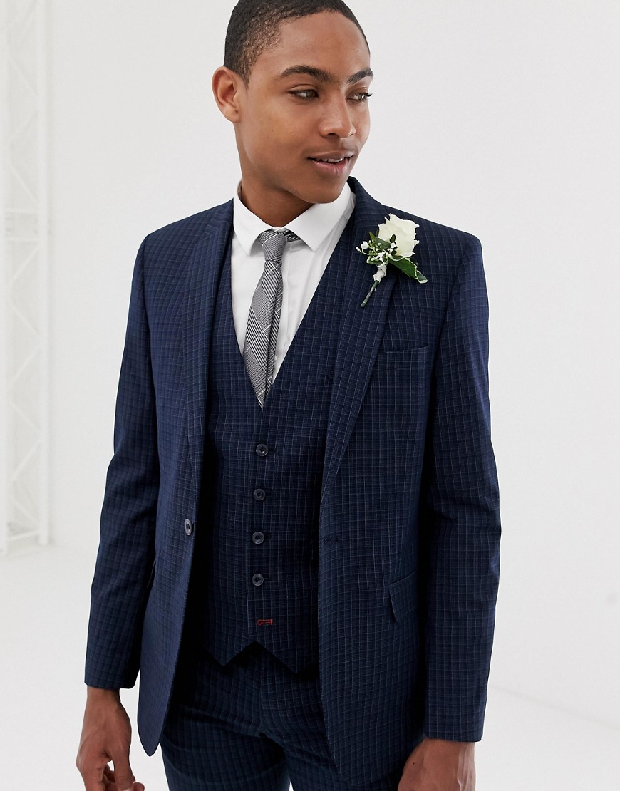Burton Menswear wedding skinny fit suit jacket in navy check