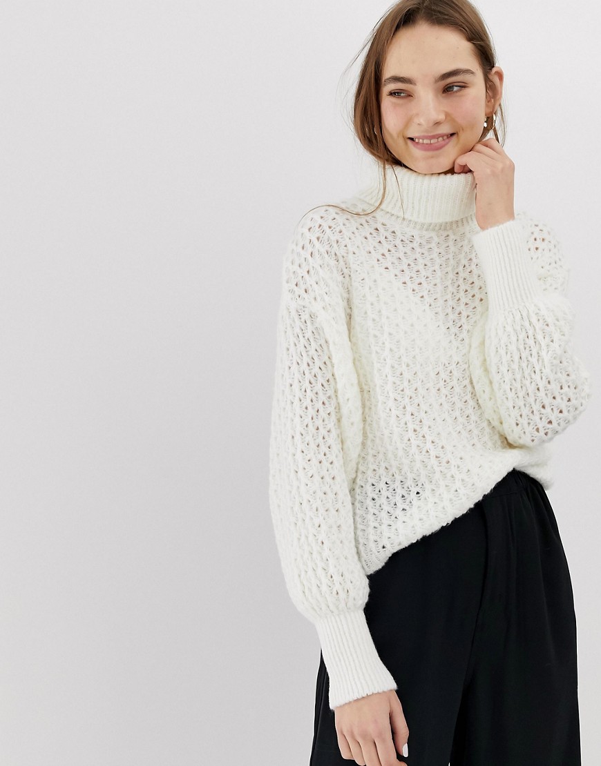 Asos Design Stitch Detail Roll Neck Sweater-cream