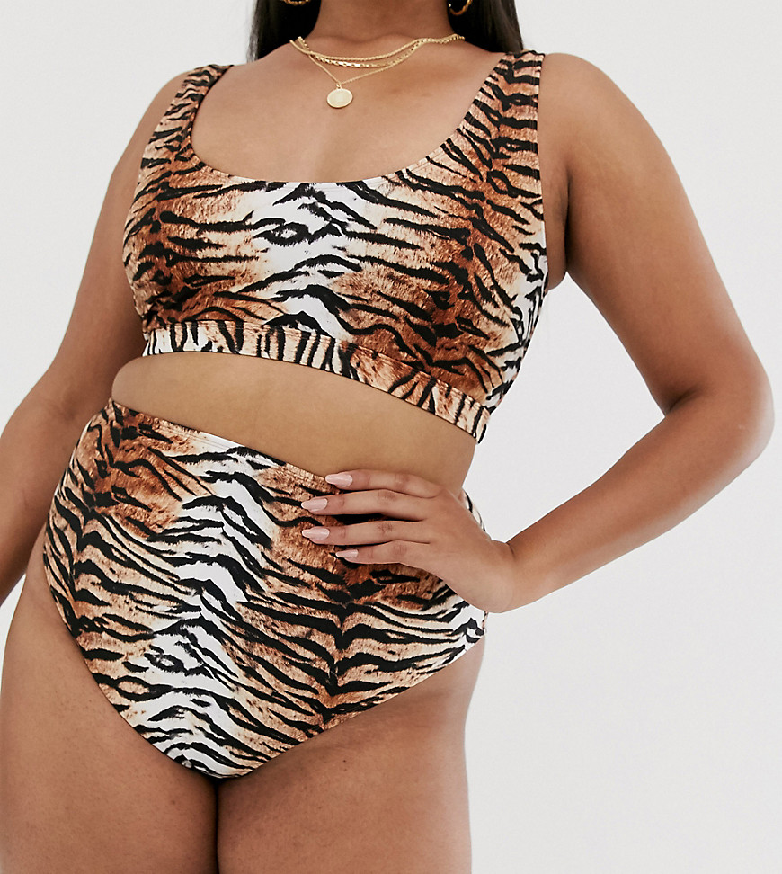 ASOS DESIGN Curve mix and match high waist bikini bottom in natural tiger print