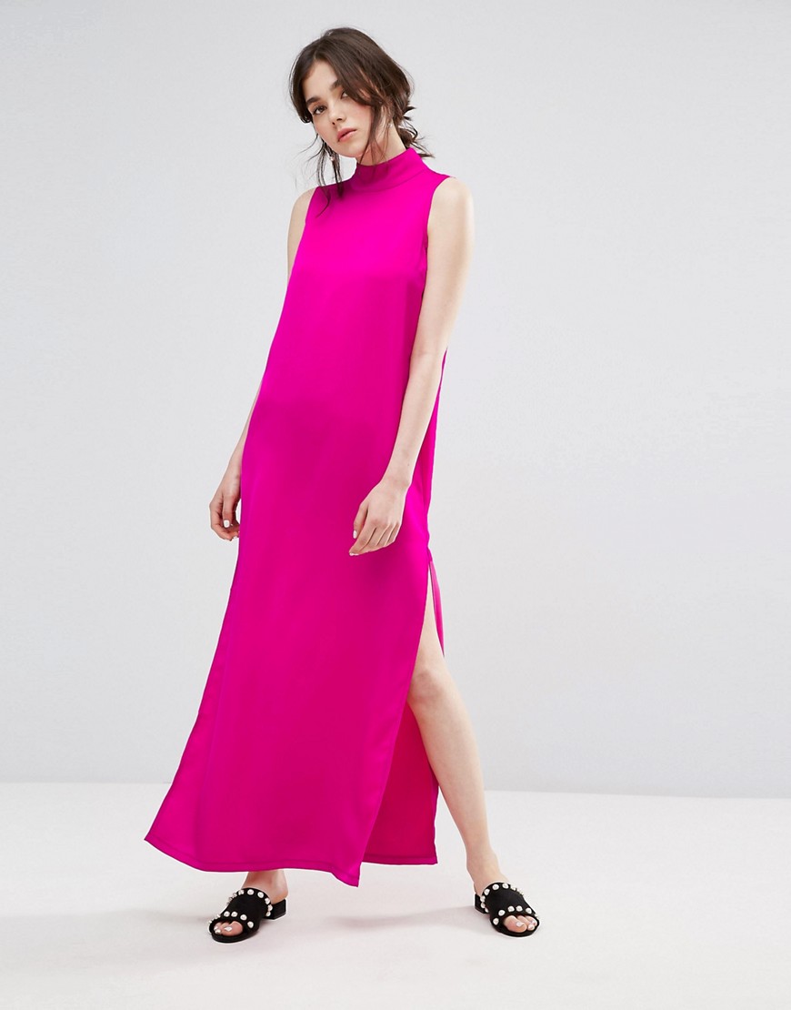 Plain Studios Maxi Shift Dress With High Neck In Luxe Fabric - Pink