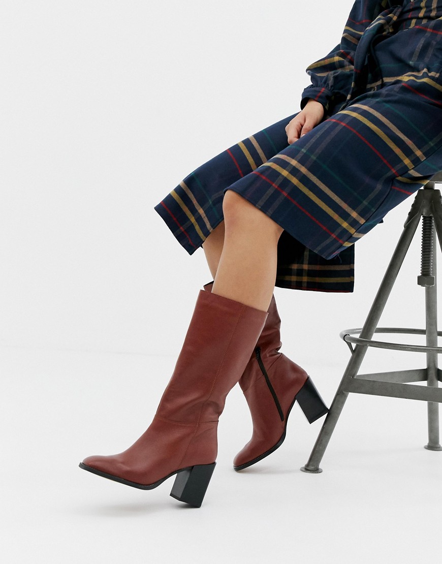 Asos Design Clara Square Toe Knee Boots In Leather In Brown