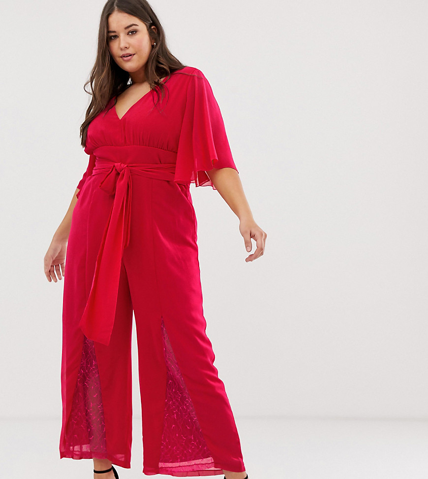 Little Mistress Plus plunge front batwing jumpsuit with lace insert detail in cherry